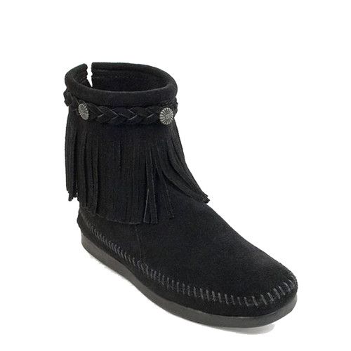 Minnetonka 299 HIGH TOP BACK-ZIP Black Fringe Moccasin Boots